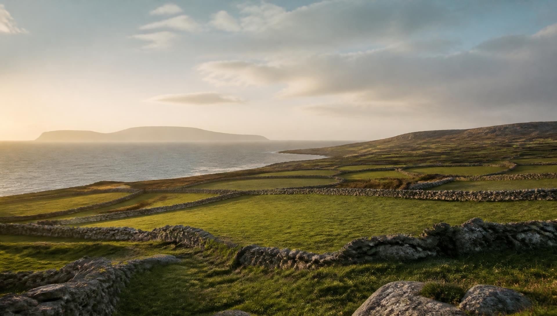 Stone-walled fields on an Irish coastal headland in low golden evening light, with a narrow lane running towards the Atlantic.